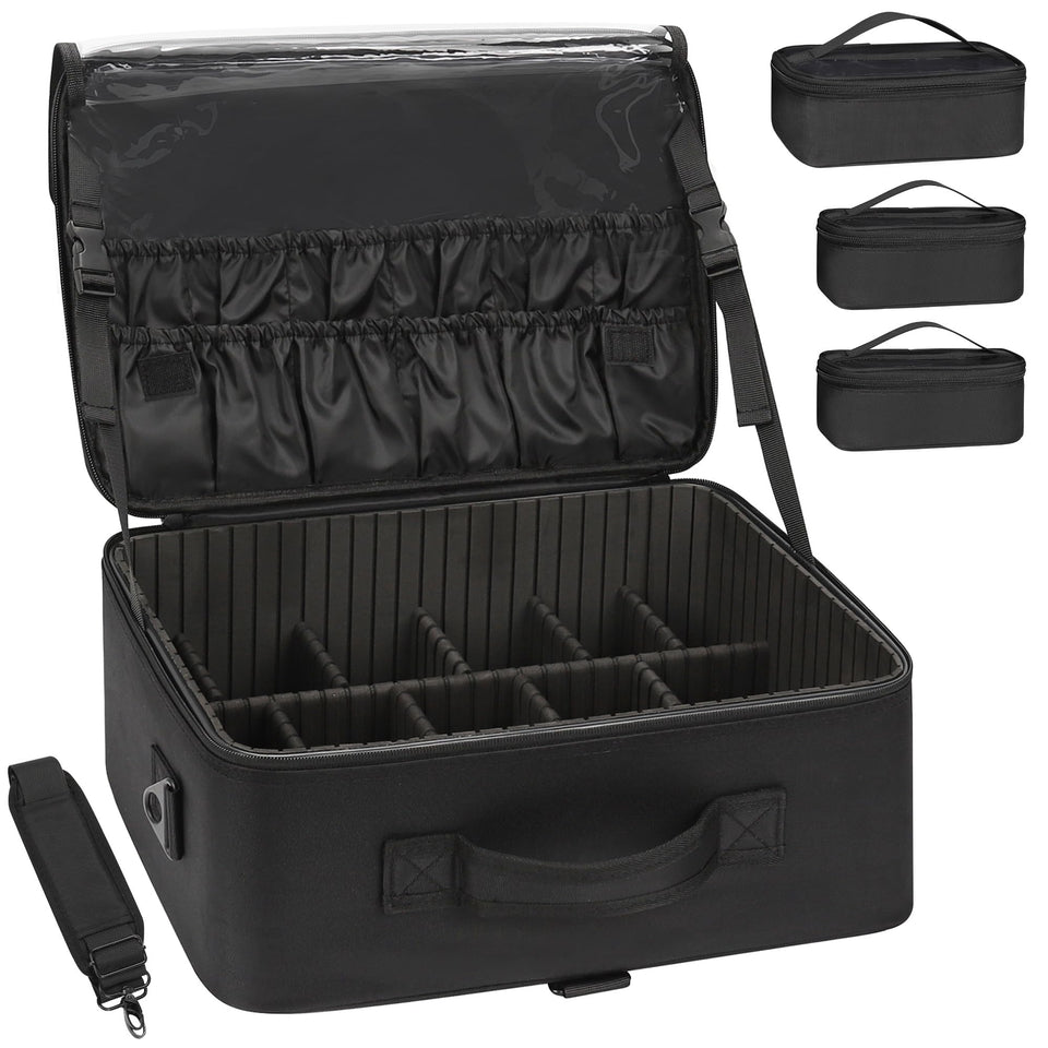 Relavel large makeup bag exterior view showing spacious compartments for cosmetics.