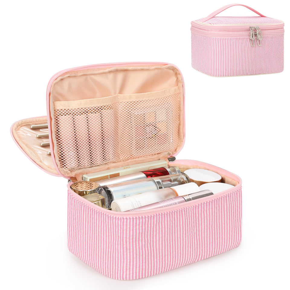 Relavel large makeup bag pink strip front view for daily travel organization