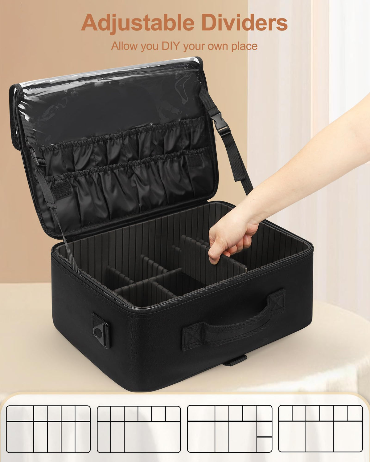 Relavel makeup bag with removable pouches for portable kits on the go.