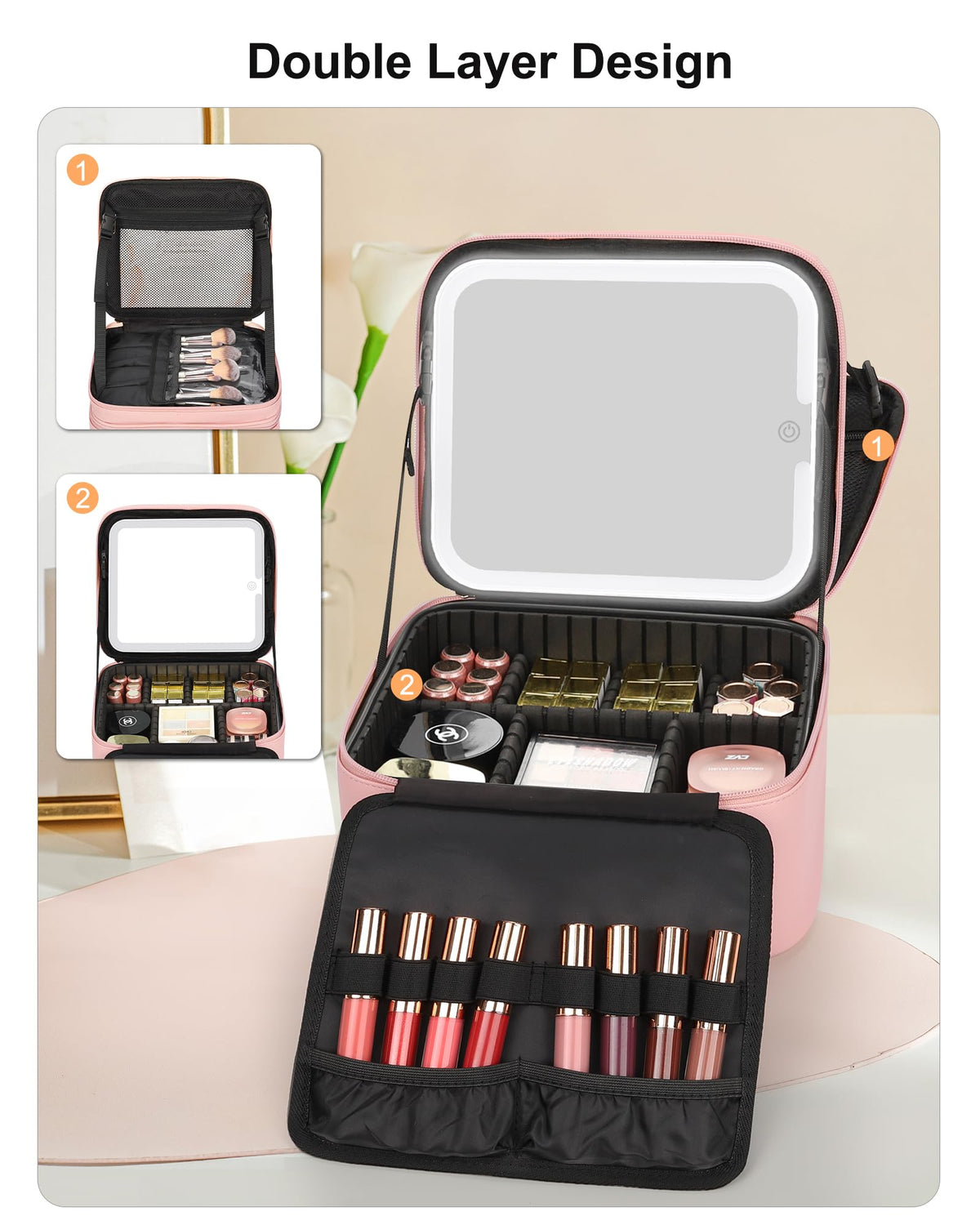 Relavel LED mirror includes brightness control for flattering light.