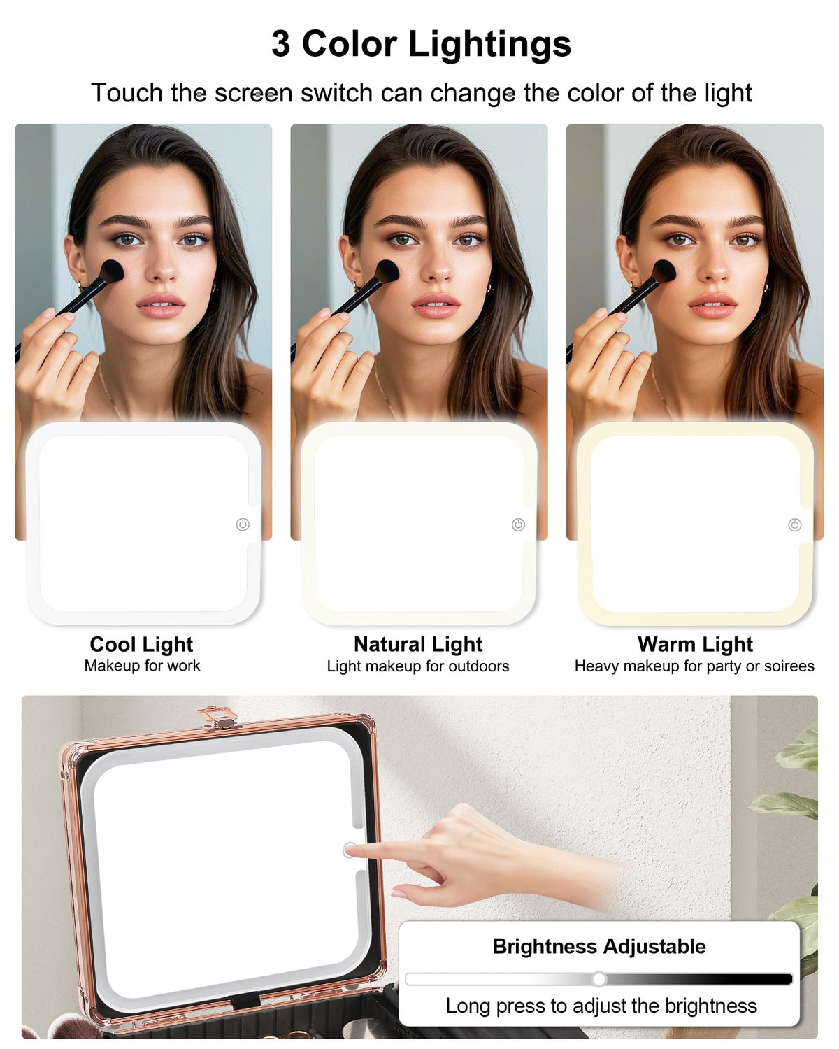 Relavel LED mirror with three color lights for precise makeup in varied lighting