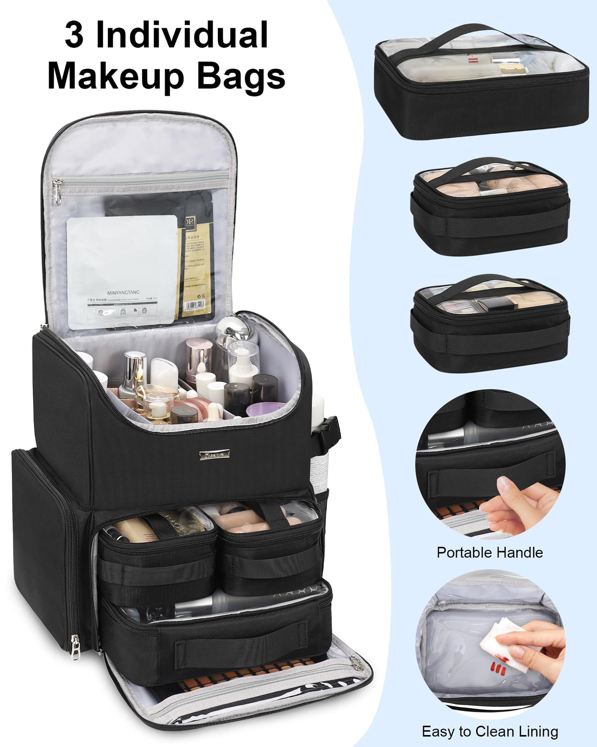 Three bags arranged to illustrate separate storage for tools and skincare