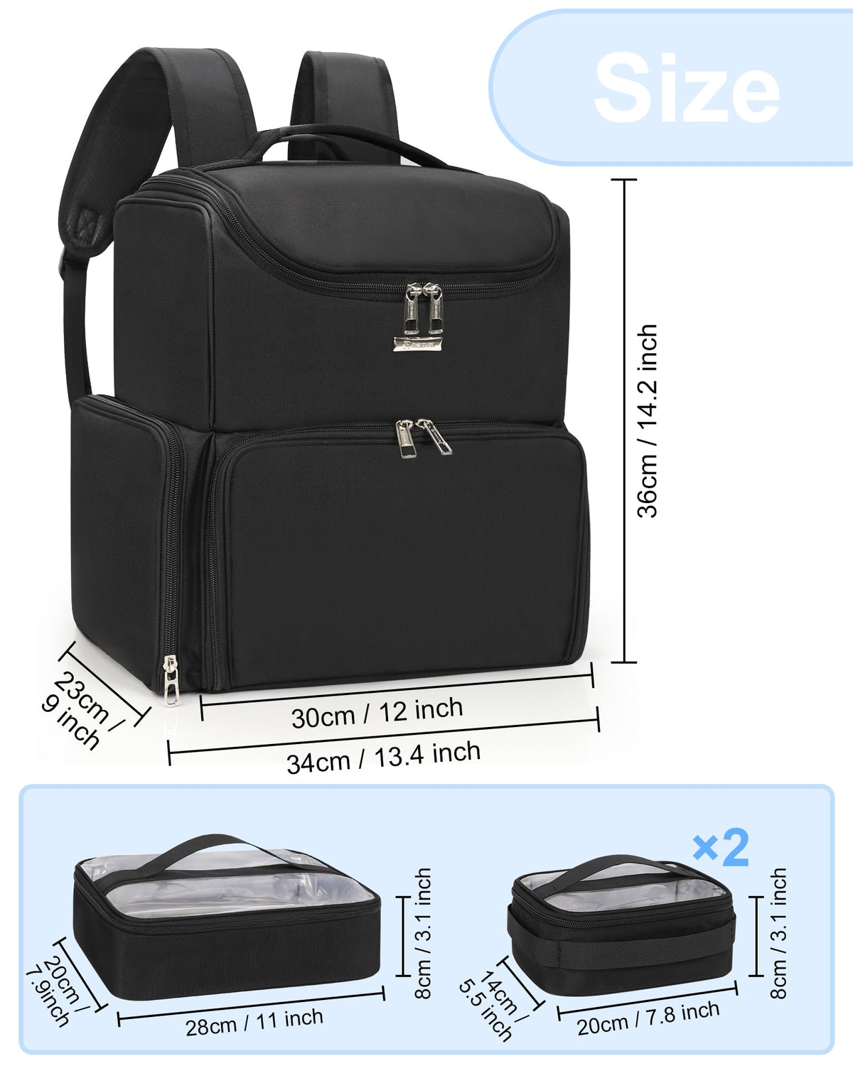Relavel makeup backpack bottle stand in right-side pocket for upright visibility