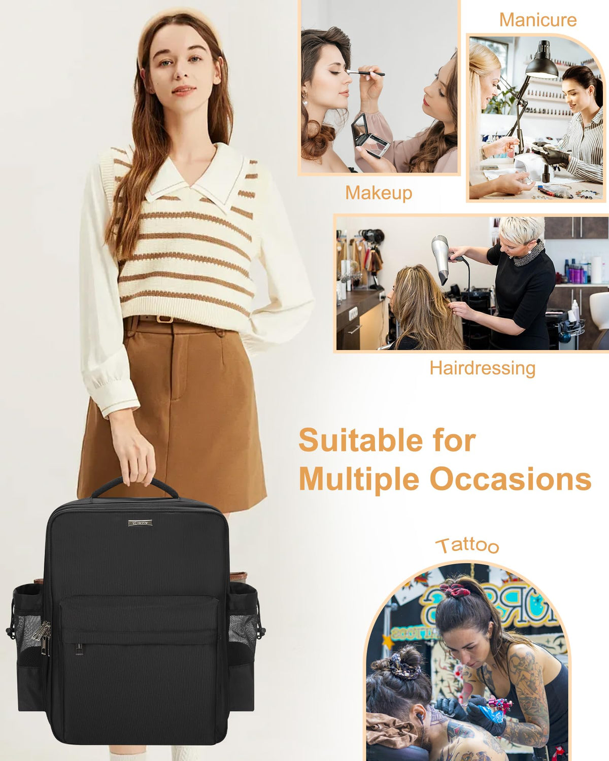 Relavel makeup backpack bottom layer with adjustable dividers and brush area