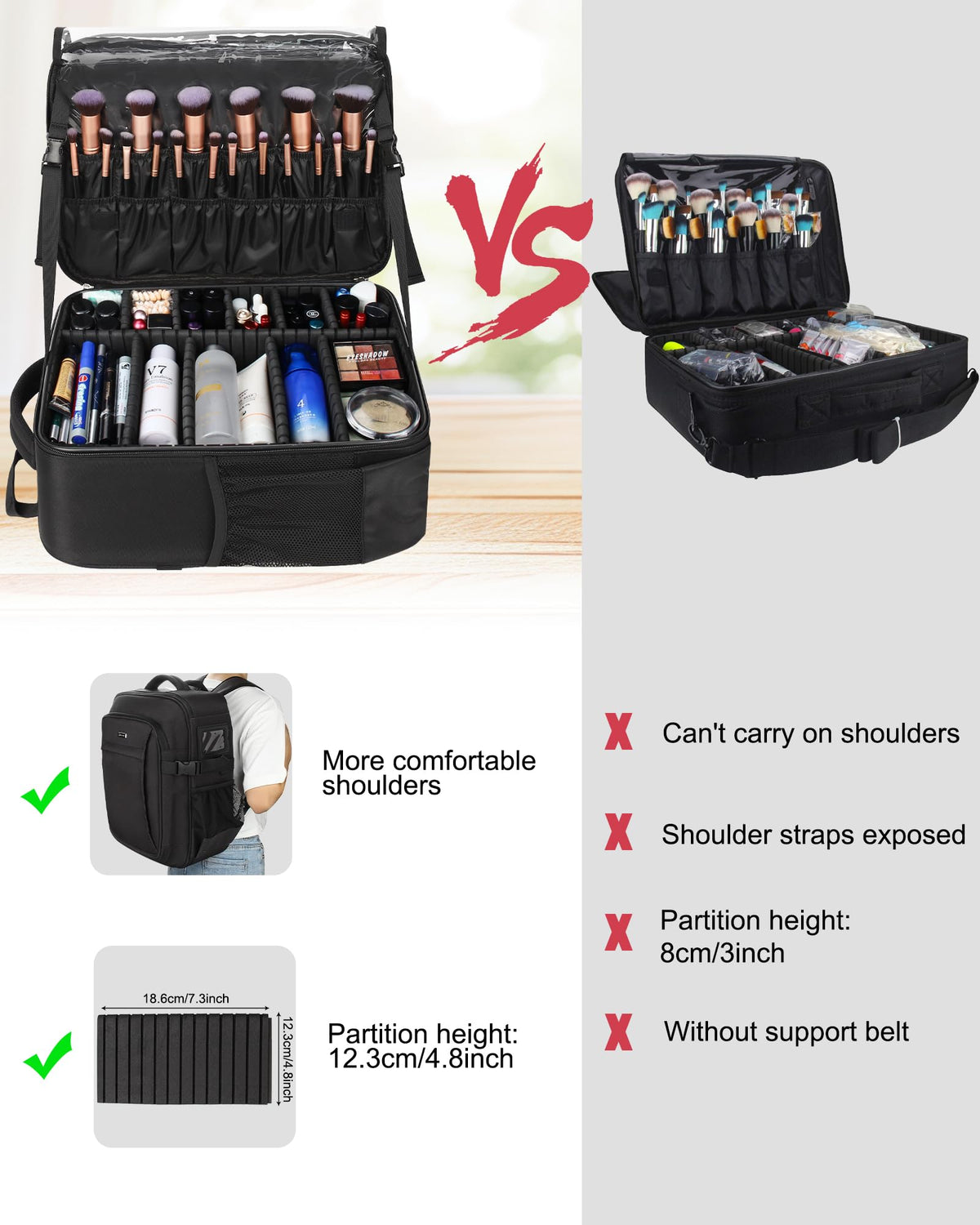 Relavel makeup backpack brush storage section keeps brushes organized.