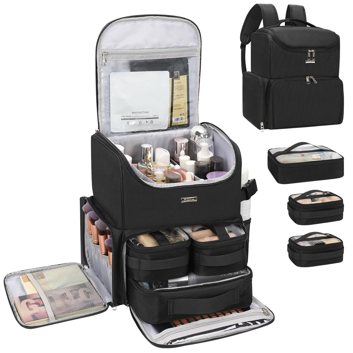 Relavel makeup backpack front view showing organized compartments for quick access on location shoots