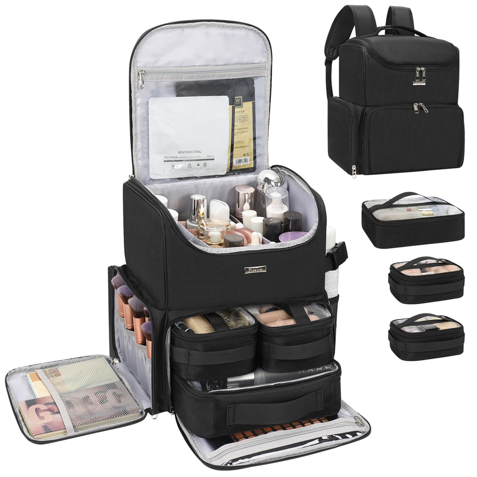Relavel makeup backpack front view showing organized compartments for quick access on location shoots