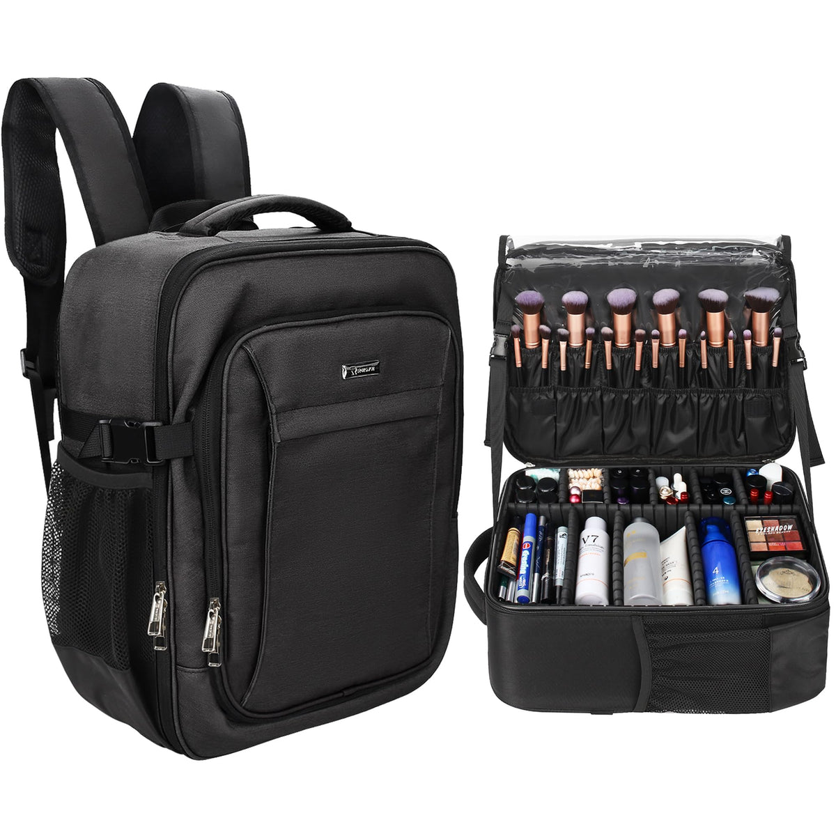 Relavel makeup backpack front view showing a spacious main compartment for easy gear access.