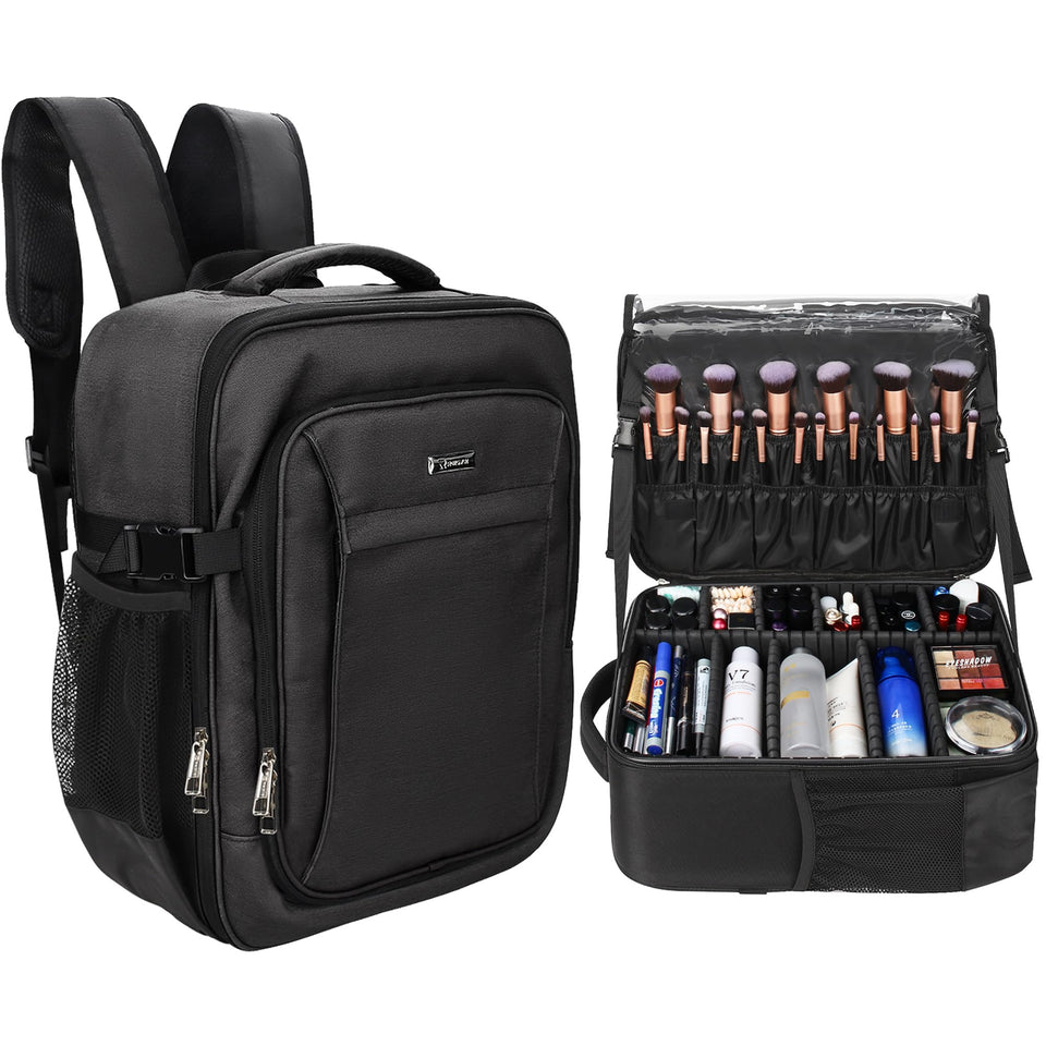 Relavel makeup backpack front view showing a spacious main compartment for easy gear access.