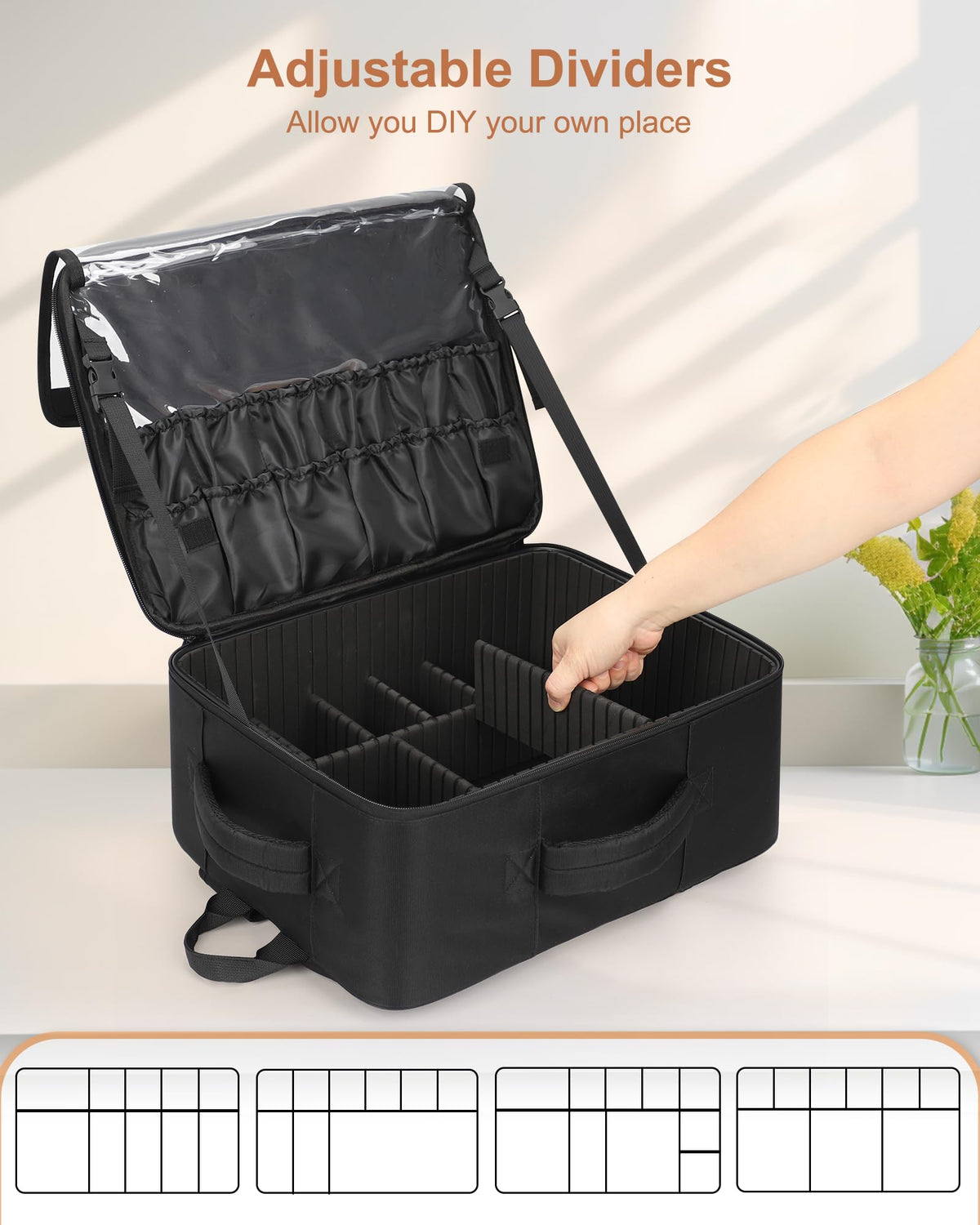 Relavel makeup backpack main compartment with versatile space planning.