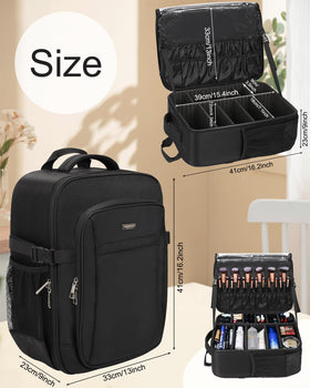 Relavel makeup backpack upper mesh pockets keep cosmetics accessible.