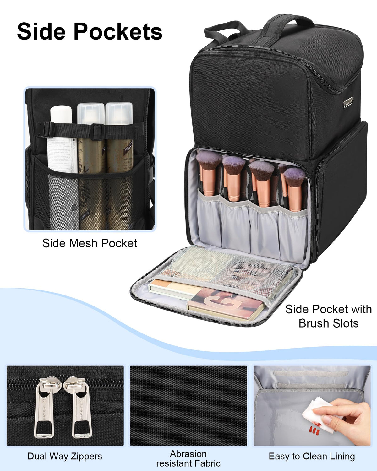 Relavel side pockets secure brushes and spray bottles for upright storage