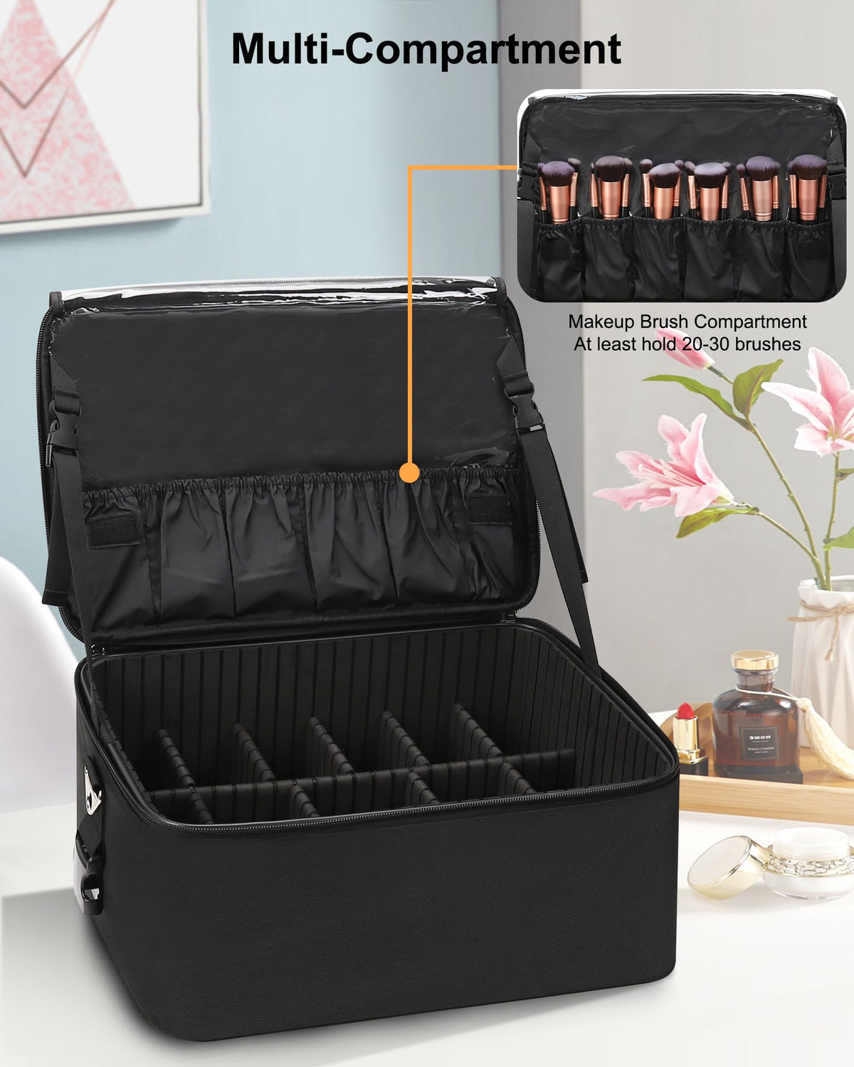 Relavel makeup bag adjustable dividers adapt space for cosmetics