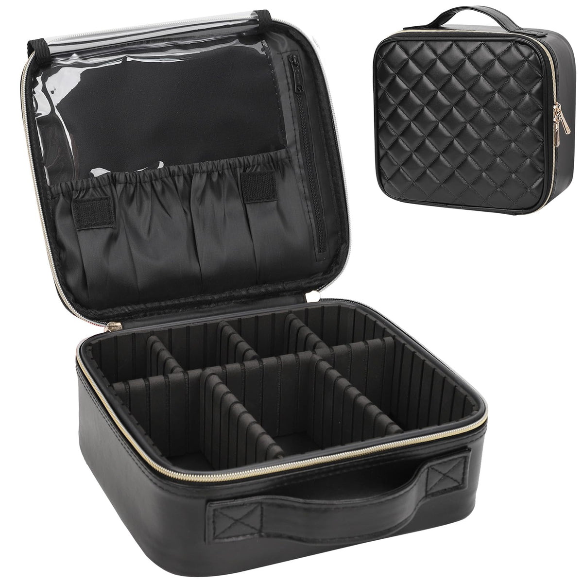 Relavel makeup bag front view in black quilted leather for on-the-go storage.