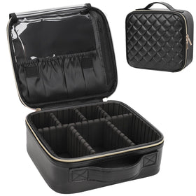 Relavel makeup bag front view in black quilted leather for on-the-go storage.