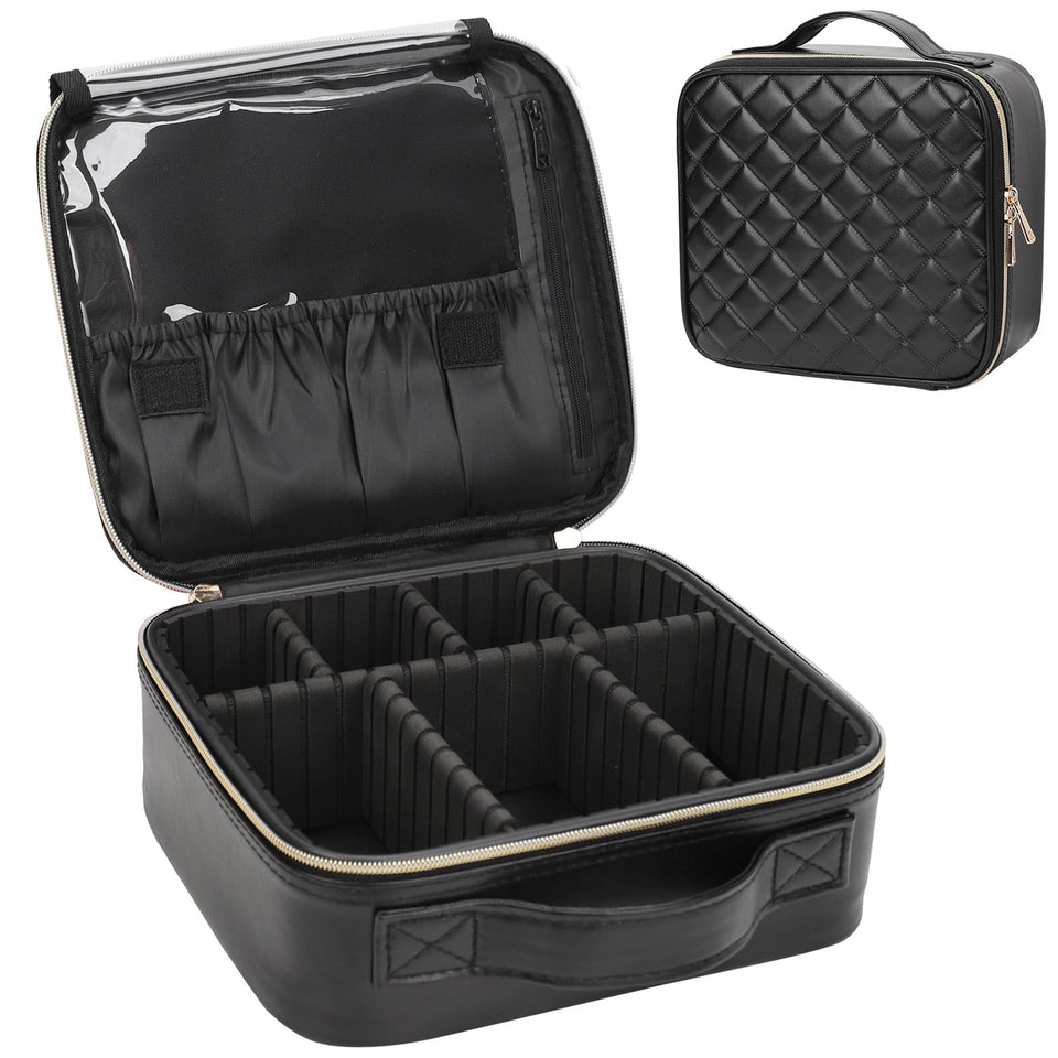 Relavel makeup bag front view in black quilted leather for on-the-go storage.