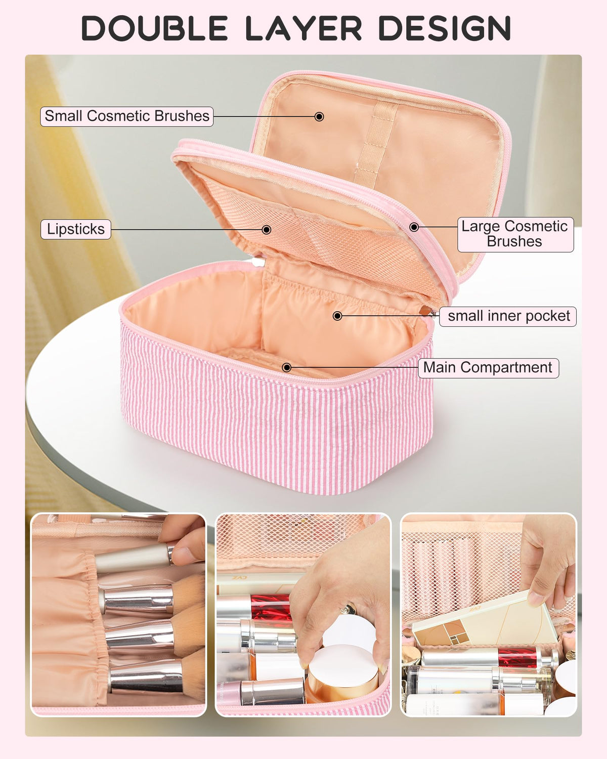 Relavel makeup bag interior shows brush holder and mesh pockets