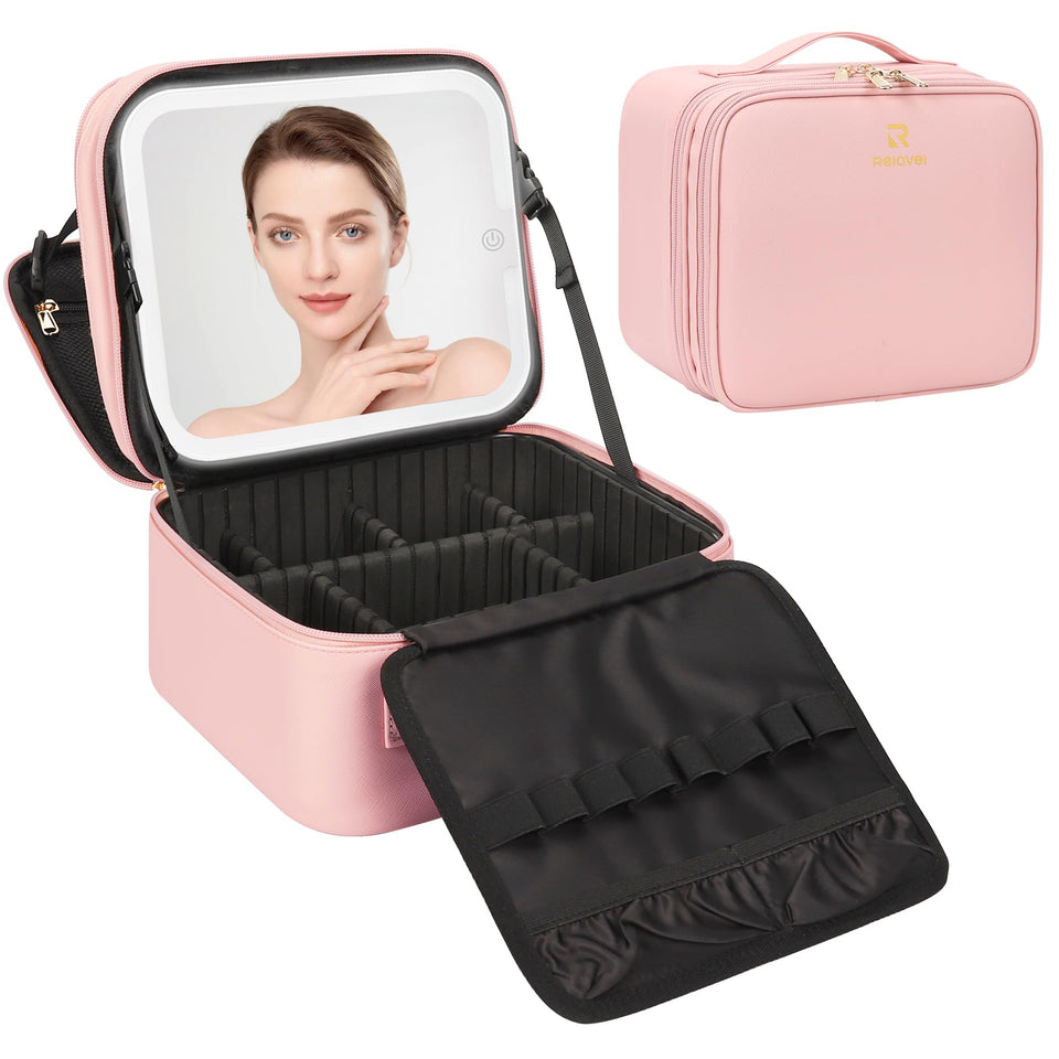 Relavel makeup bag with LED mirror for precise on-the-go makeup.