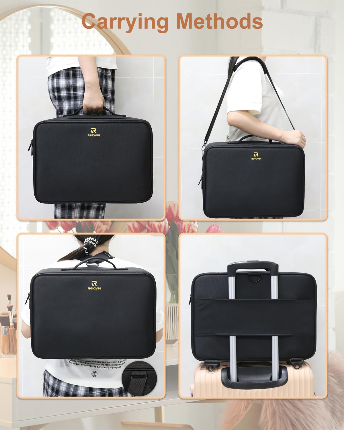 Relavel makeup bag premium materials: abrasion-resistant fabric and waterproof lining.