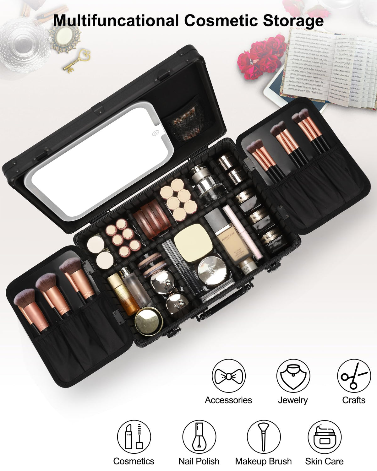 Relavel makeup case with 360° rotating mirror offers flexible viewing angles.