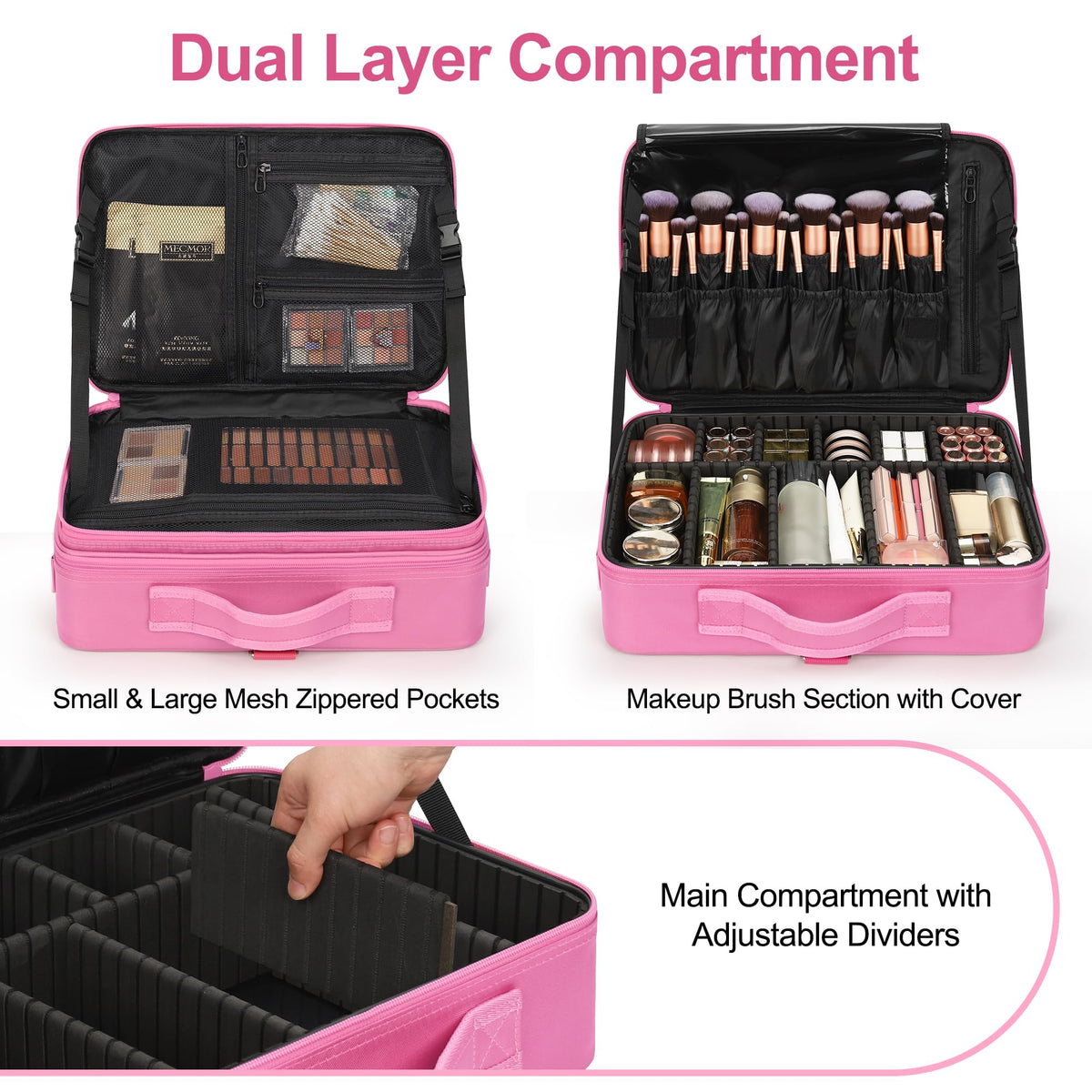 Relavel makeup case with adjustable strap, rose pink, versatile carry options for professionals