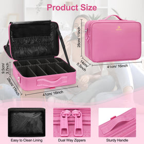 Relavel makeup case interior with dual-layer, rose pink, secure zippers