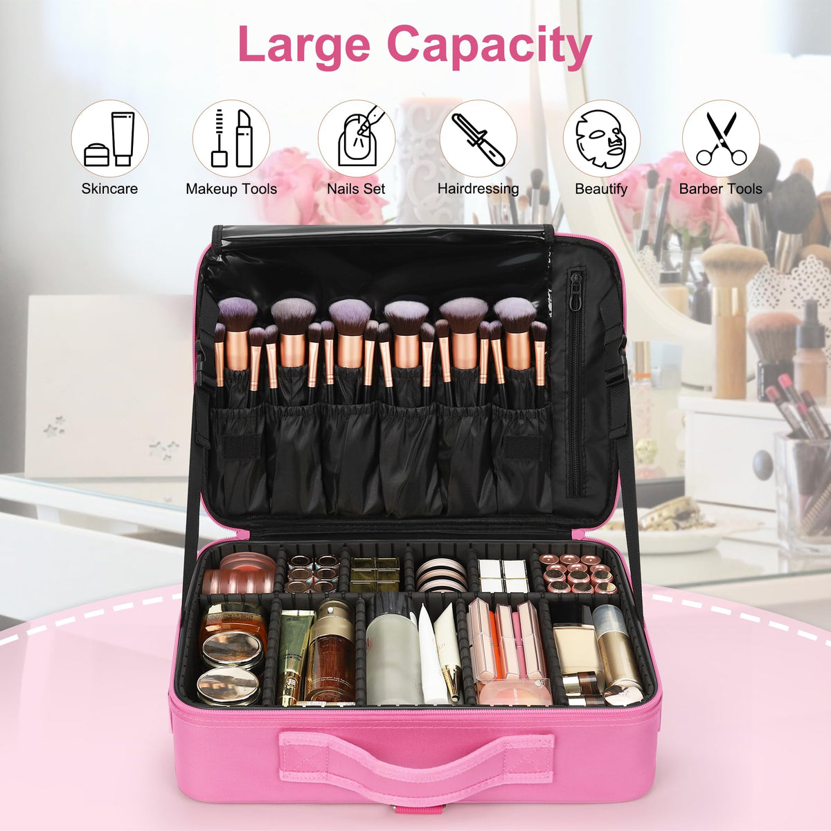 Relavel makeup case luggage strap attachment, rose pink, fits over a suitcase