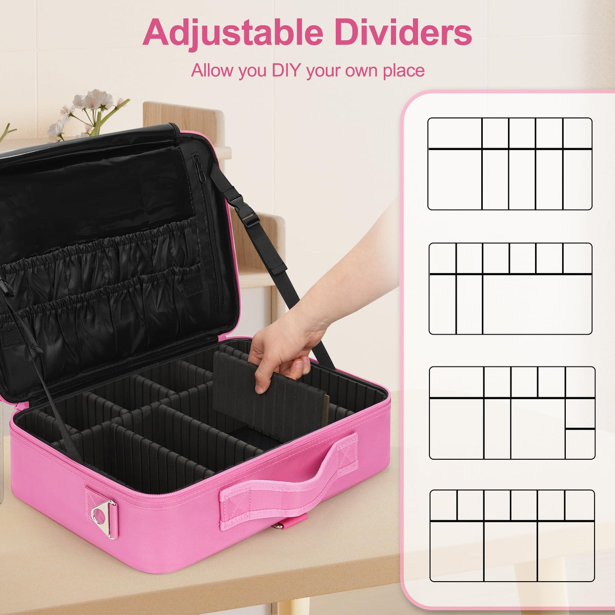 Relavel makeup case side view in rose pink with ergonomic handle for travel