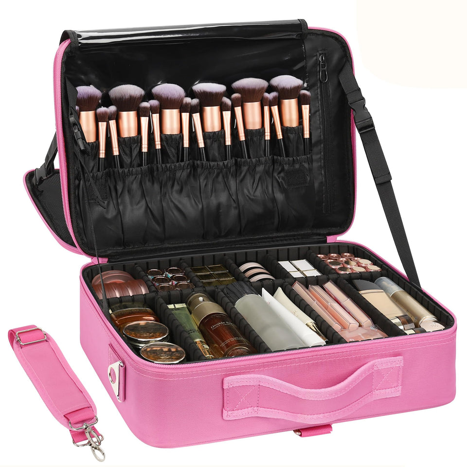 Relavel makeup case top view in rose pink showing spacious storage