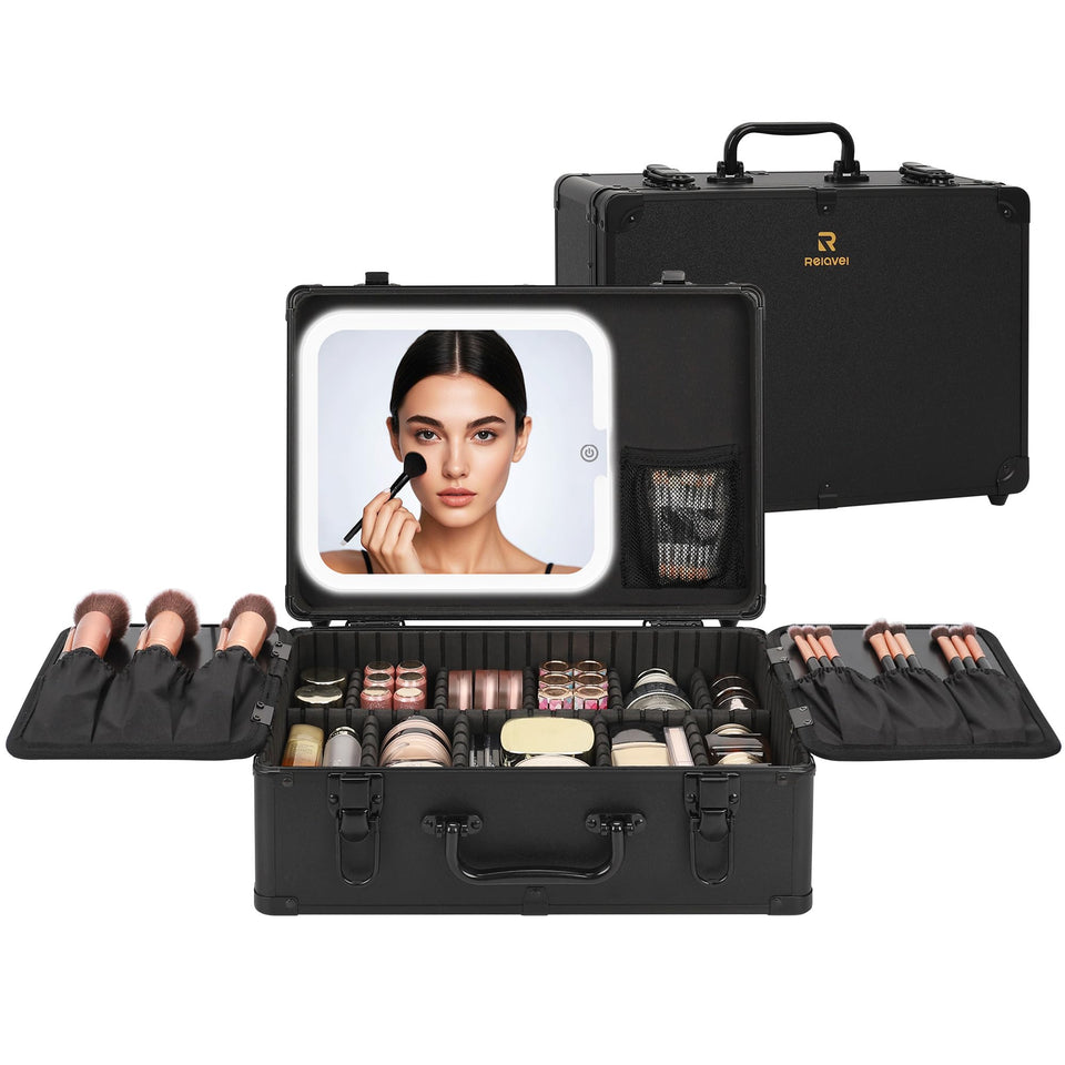 Relavel makeup case with LED mirror provides bright lighting for precise makeup application.