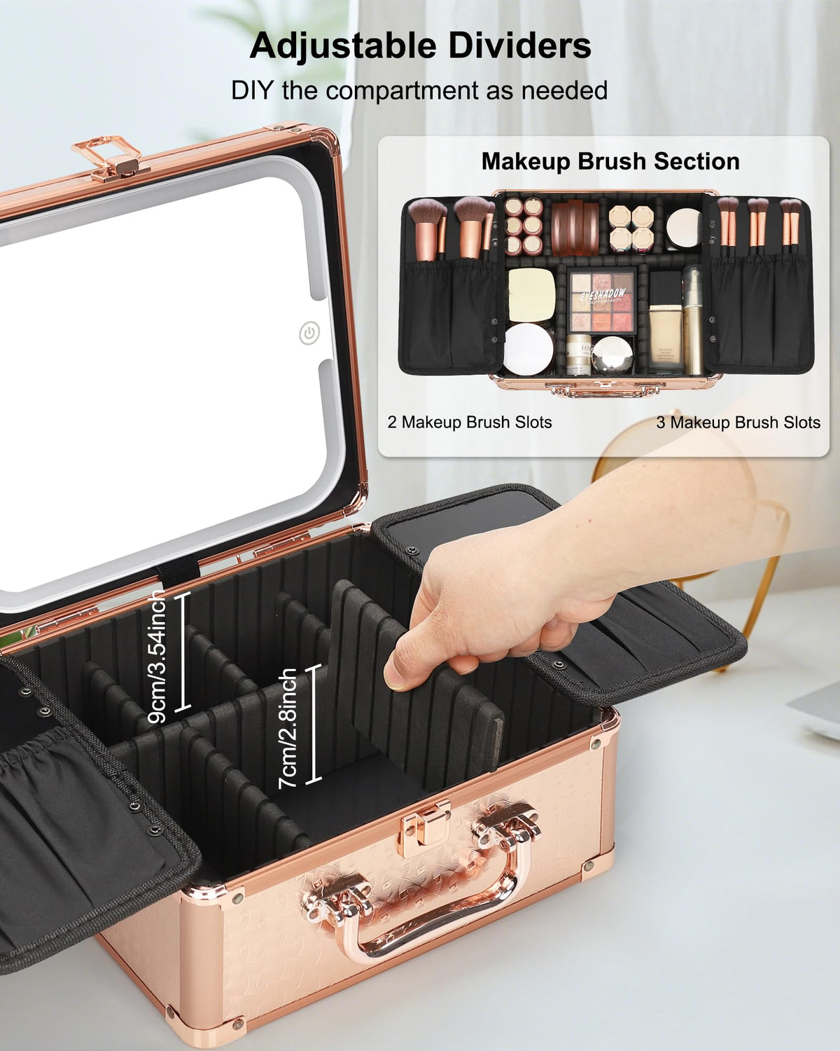 Relavel case open with partitions showing customizable organization during travel
