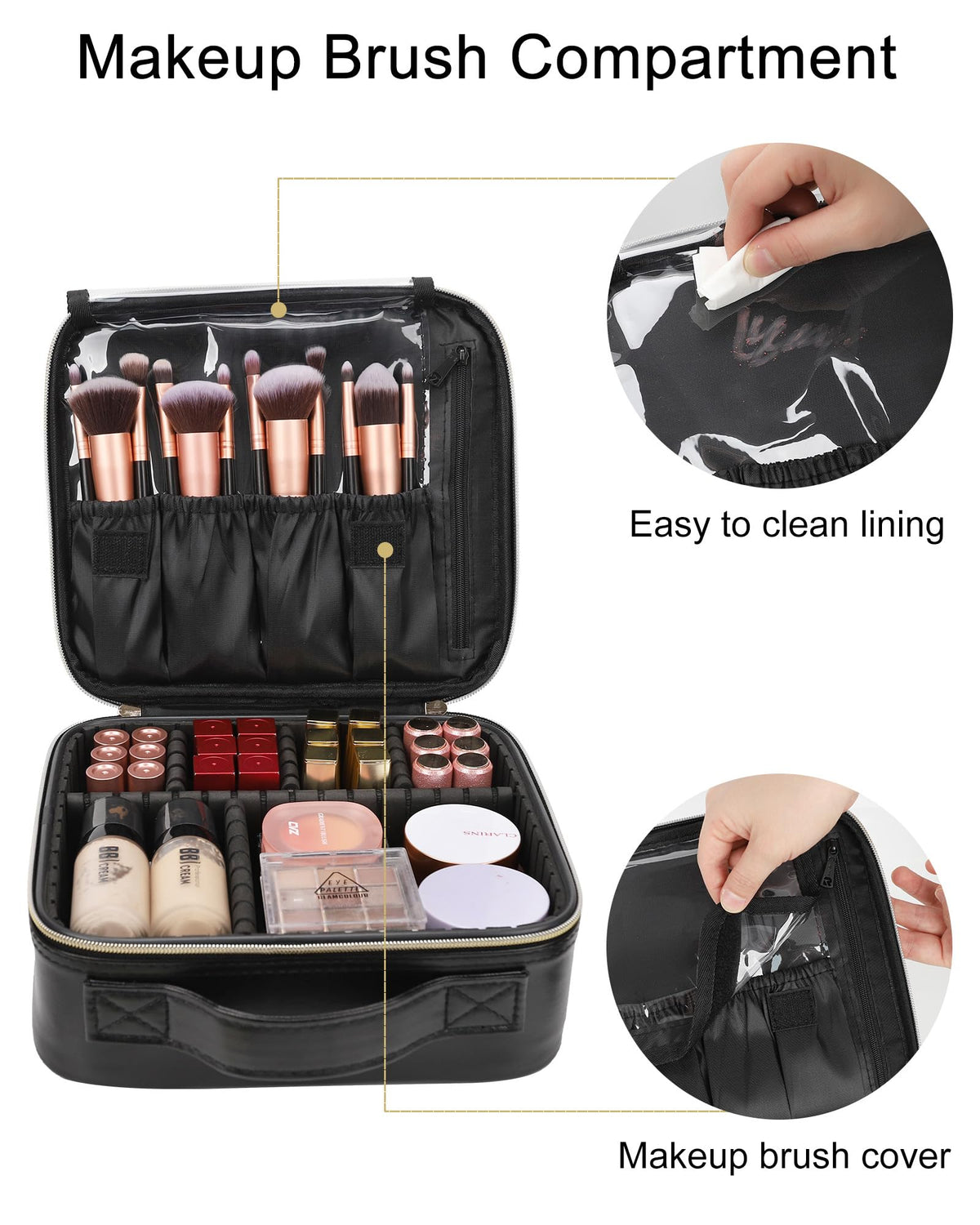 Relavel makeup organizer interior showing multiple compartments for brushes and palettes.