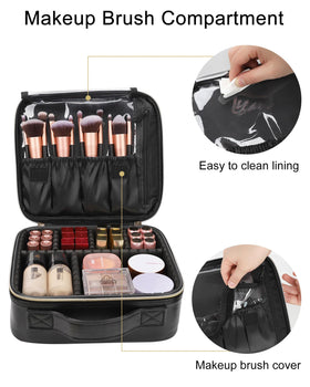 Relavel makeup organizer interior showing multiple compartments for brushes and palettes.