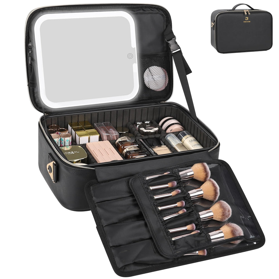 Relavel makeup train case with LED mirror closed for secure travel storage.