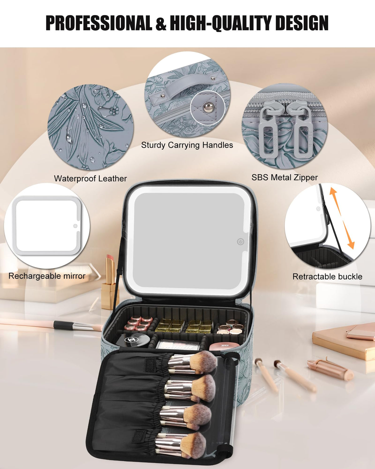 Relavel waterproof PU leather exterior protects cosmetics while traveling