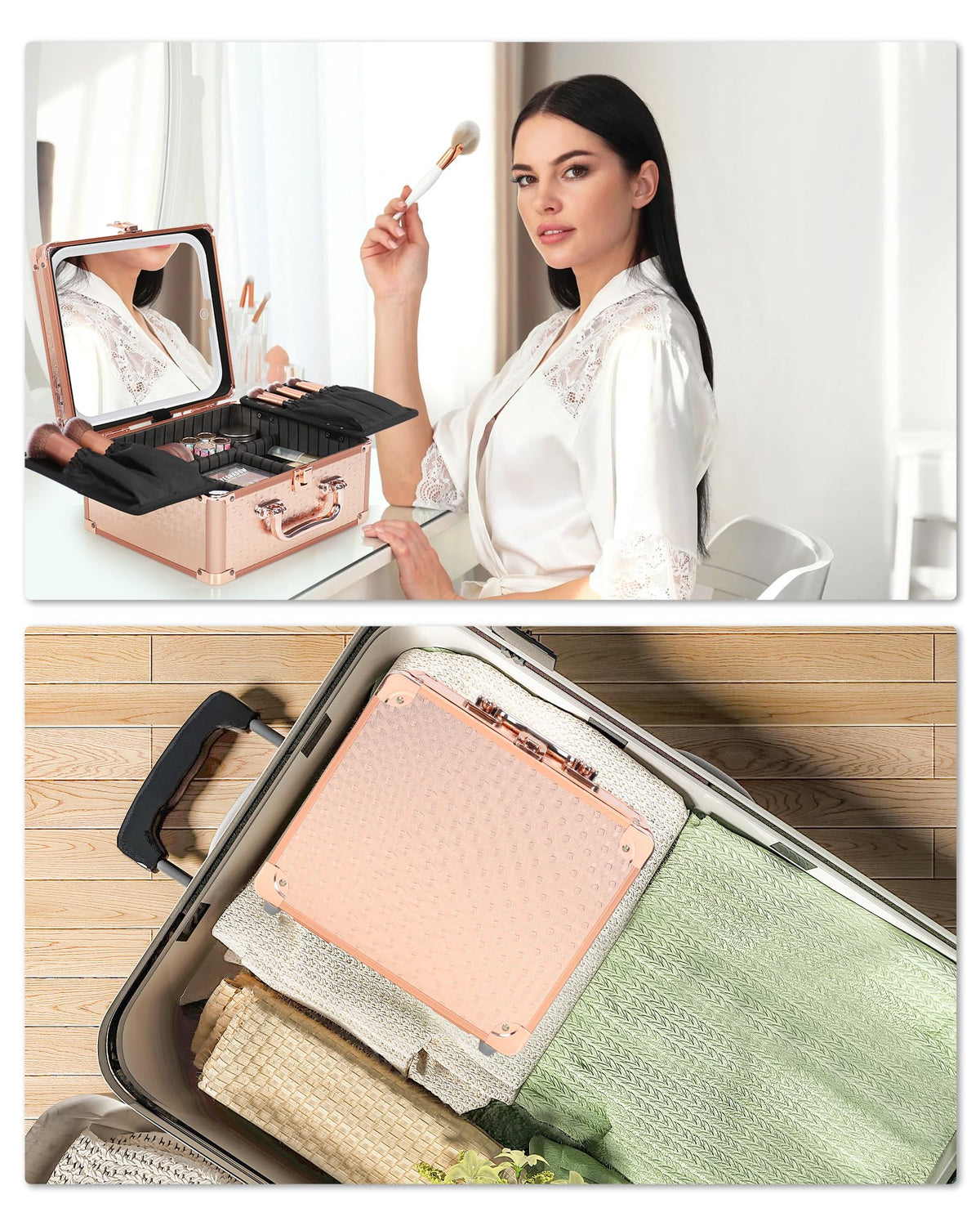 Relavel makeup organizer stores cosmetics, jewelry, and toiletries while on the go