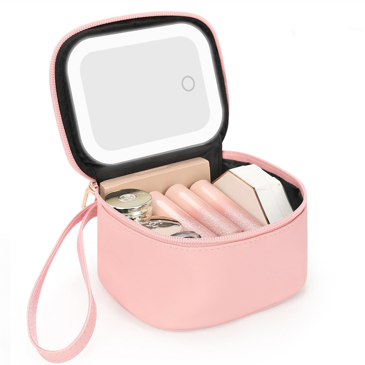 Relavel mini makeup bag with LED mirror front view for quick touch-ups.