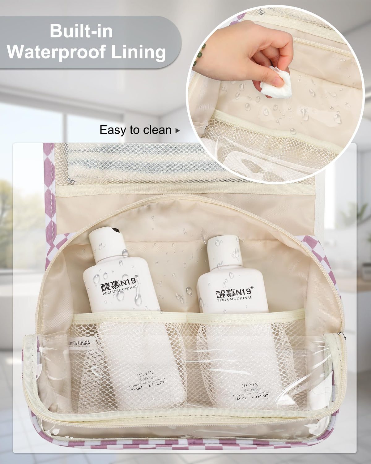 Relavel plaid purple bag placed in a dorm or gym setting for everyday use.