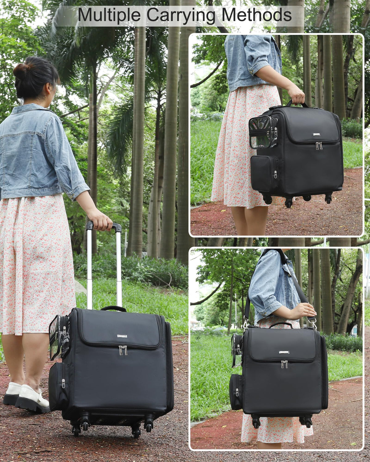 Relavel push/pull handle and 360-degree wheels ease maneuvering