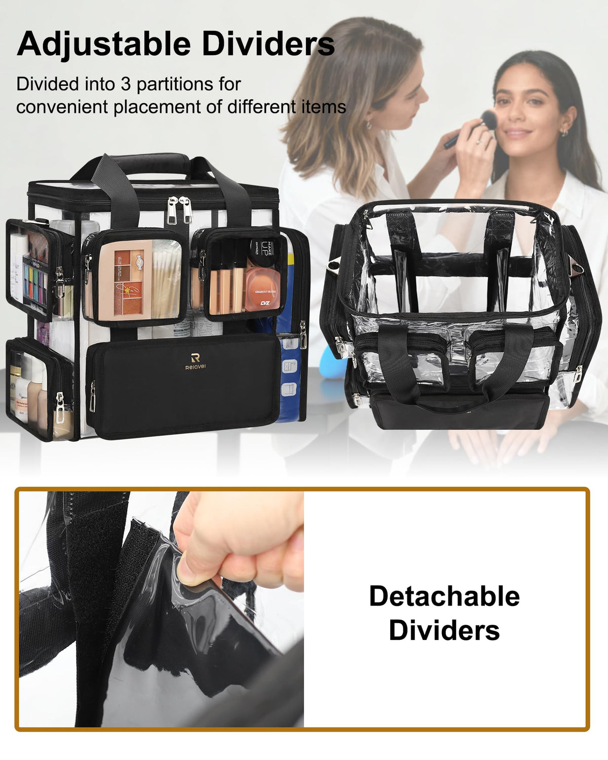 Relavel removable dividers demonstrate customizable compartments for cosmetics