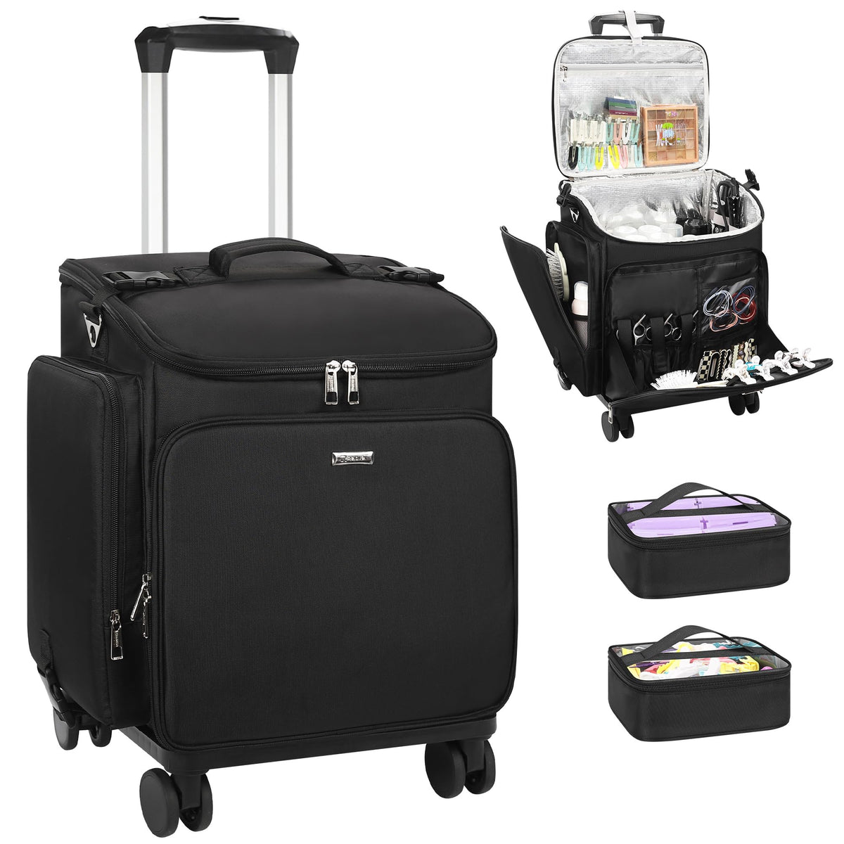Relavel rolling makeup case exterior with rugged wheels for easy travel to shoots