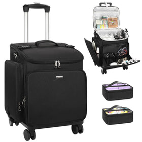 Relavel rolling makeup case exterior with rugged wheels for easy travel to shoots