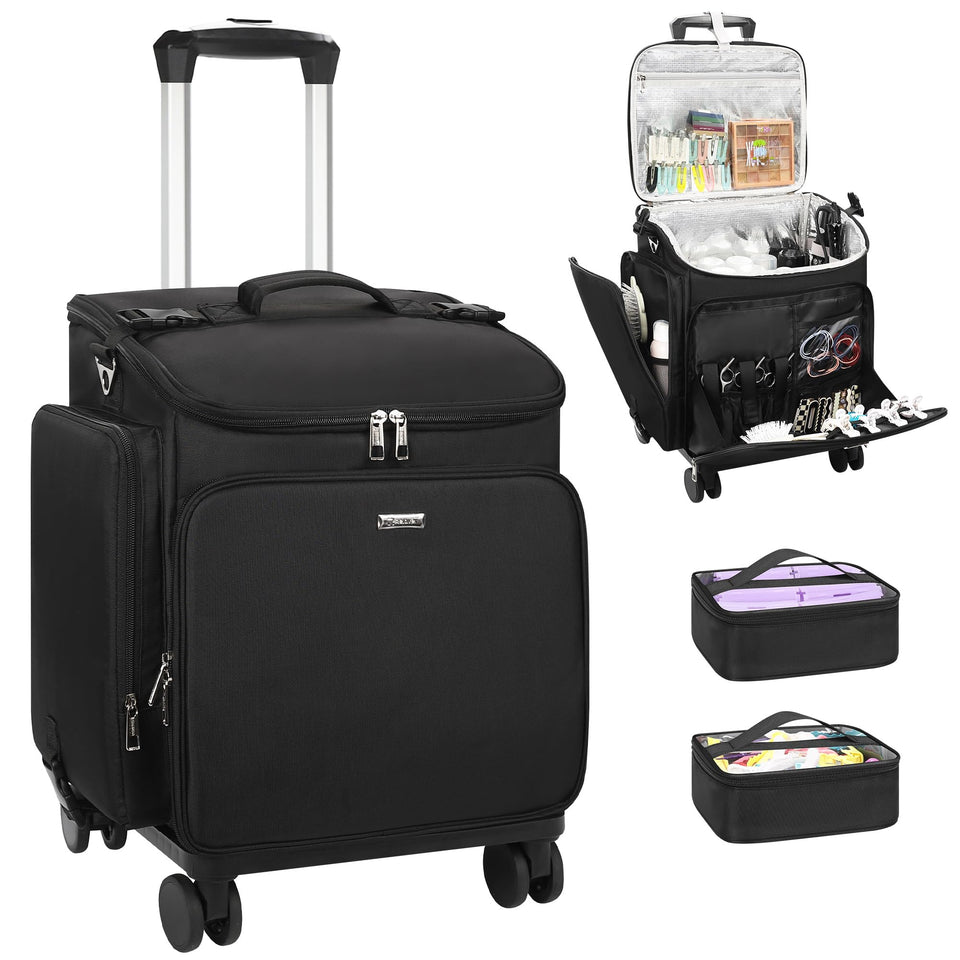 Relavel rolling makeup case exterior with rugged wheels for easy travel to shoots