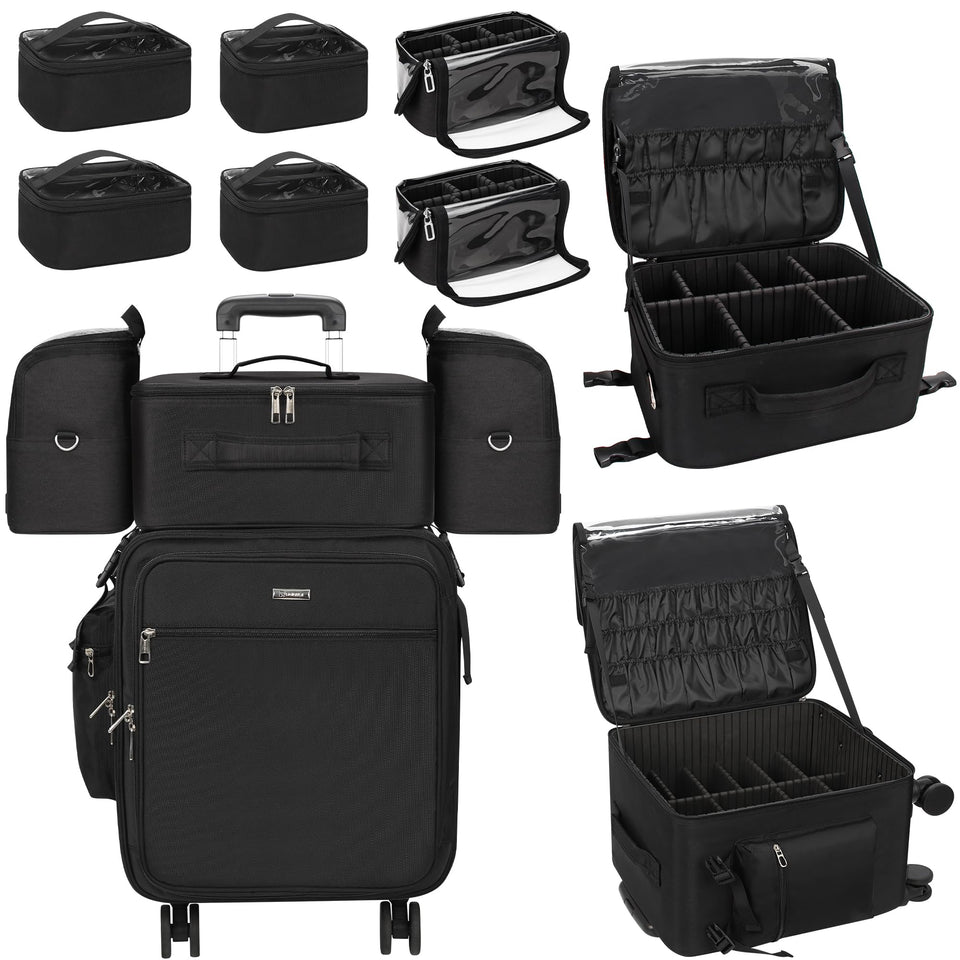 Relavel rolling makeup case four-in-one modular system for travel and studio setups.
