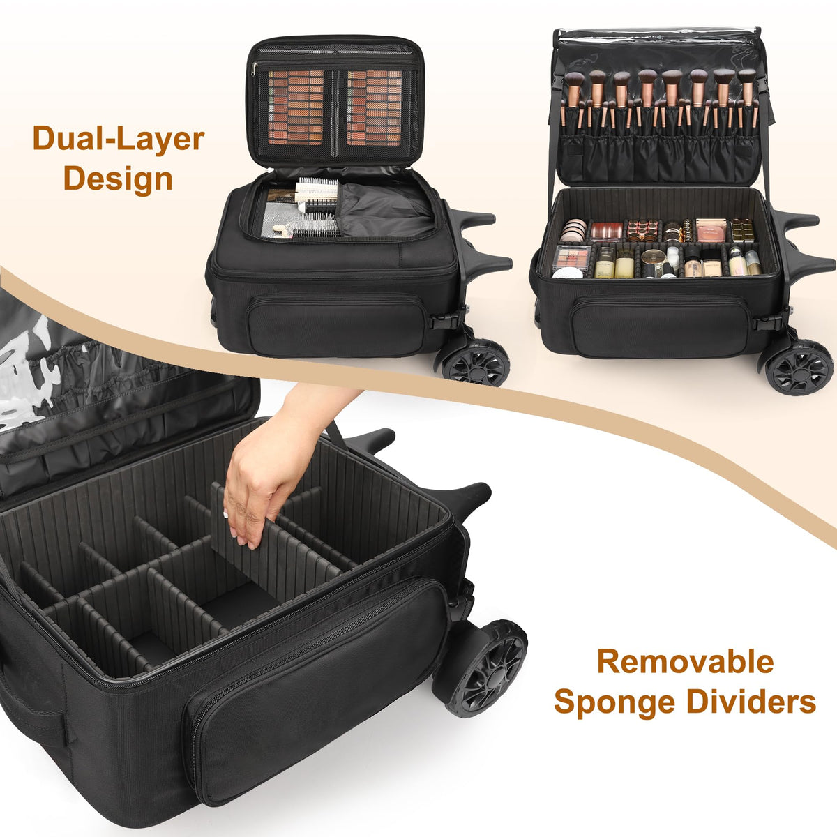 Relavel rolling makeup case telescoping handle enables adjustable height for ergonomics.