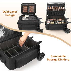 Relavel rolling makeup case telescoping handle enables adjustable height for ergonomics.