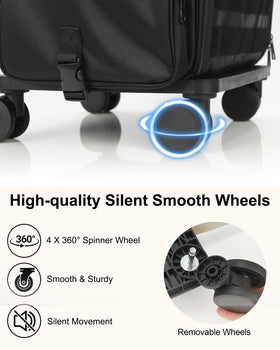 Relavel rolling makeup train case side view emphasizing mobility for on-location artists