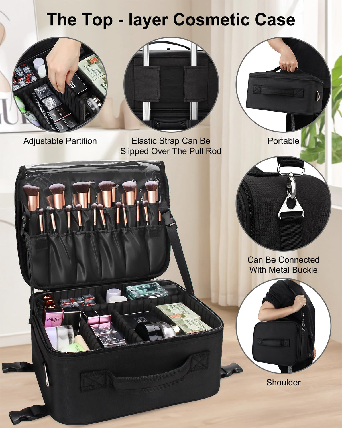 Relavel shoulder straps provide hands-free carrying during travel.
