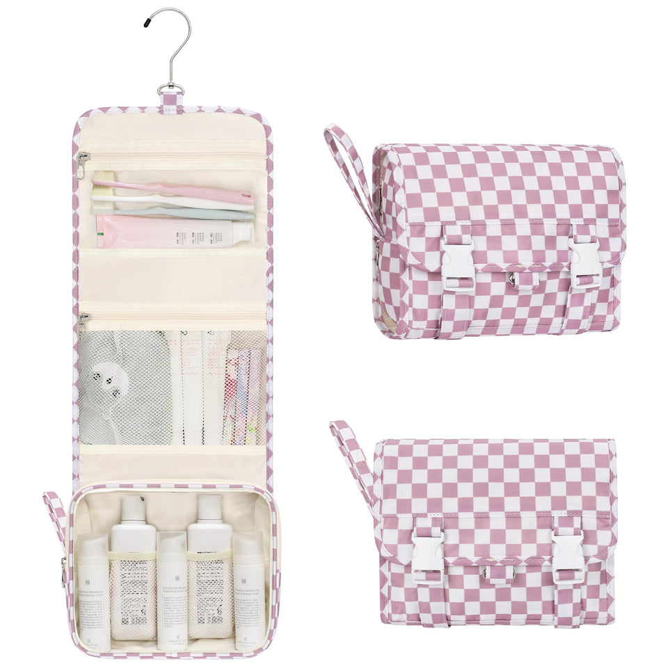 Relavel small hanging toiletry bag plaid purple front view showing compact travel-ready design.