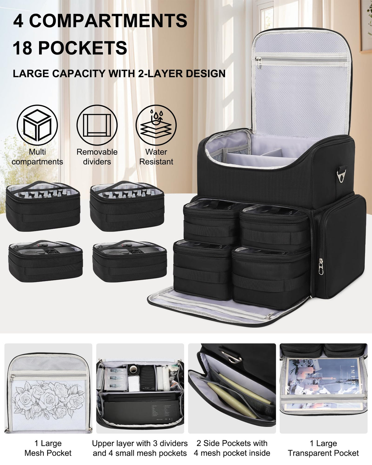 Relavel tattoo backpack detachable pouches offer quick-visual organization